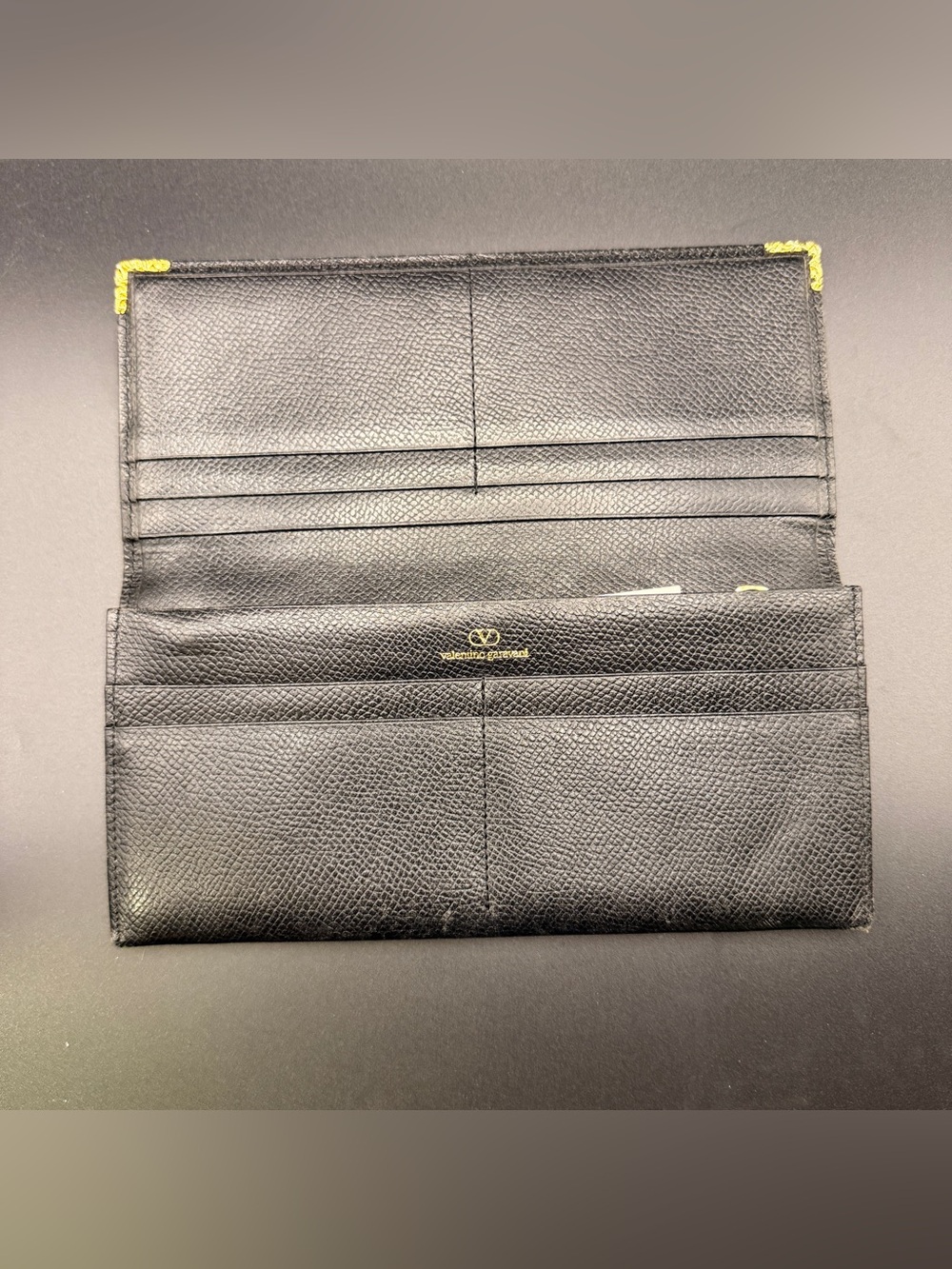 Authentic Valentino Garavani Black Leather Long Wallet Gold Corners Repair COA